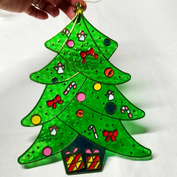 VTG Stained Glass Decor Christmas Tree Plastic Hanging Angels Candy Canes Gifts - Picture 3 of 15